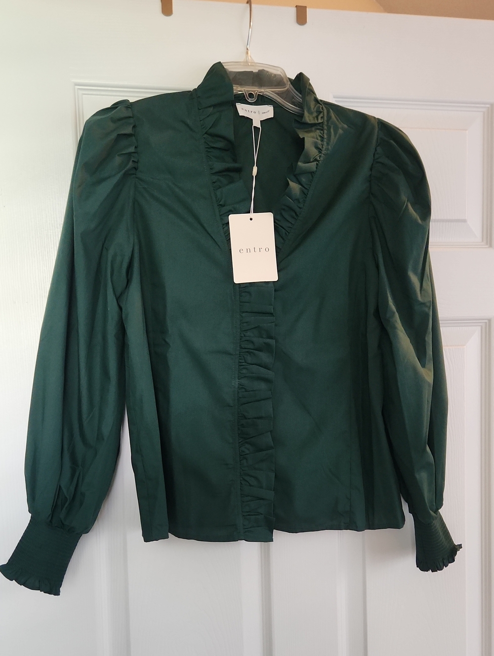 entro Dark Green Ruffle Front Button-Down Blouse